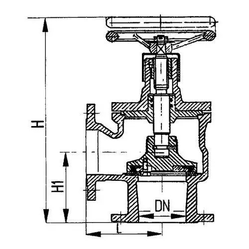 Запорный фланцевый угловой судовой клапан с ручным управлением